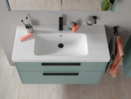 Green washbasin and countertop seen from above