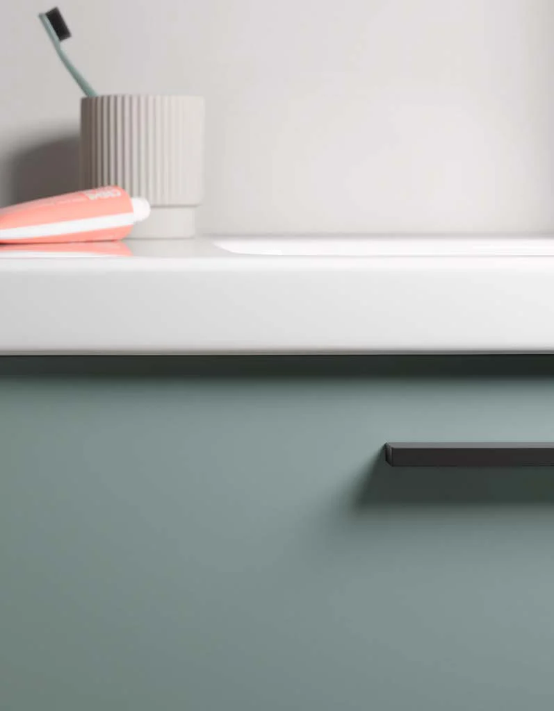 Furniture detail in sage green with black handle and toothbrush cup