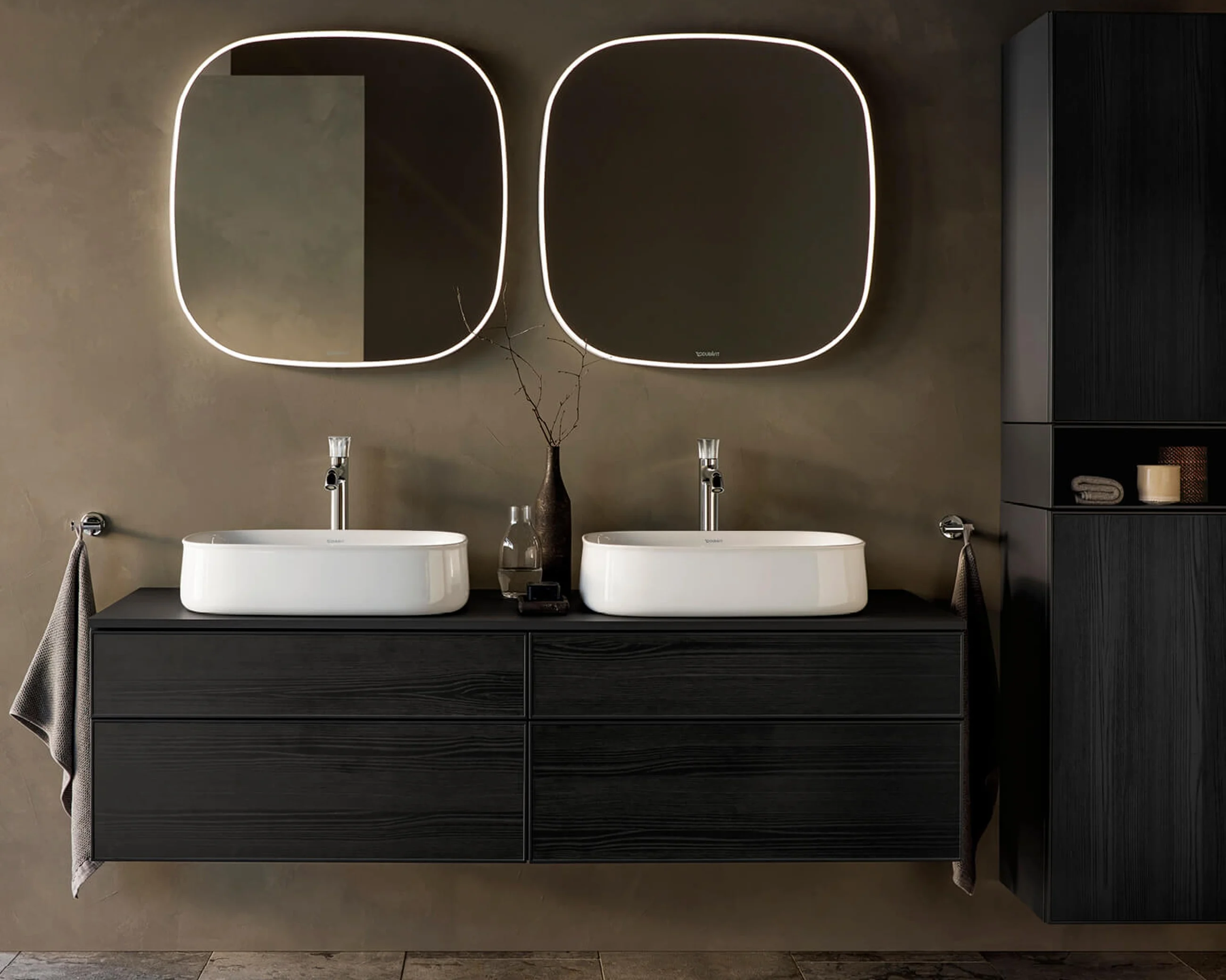 Double vanity in dark wood with two illuminated mirrors
