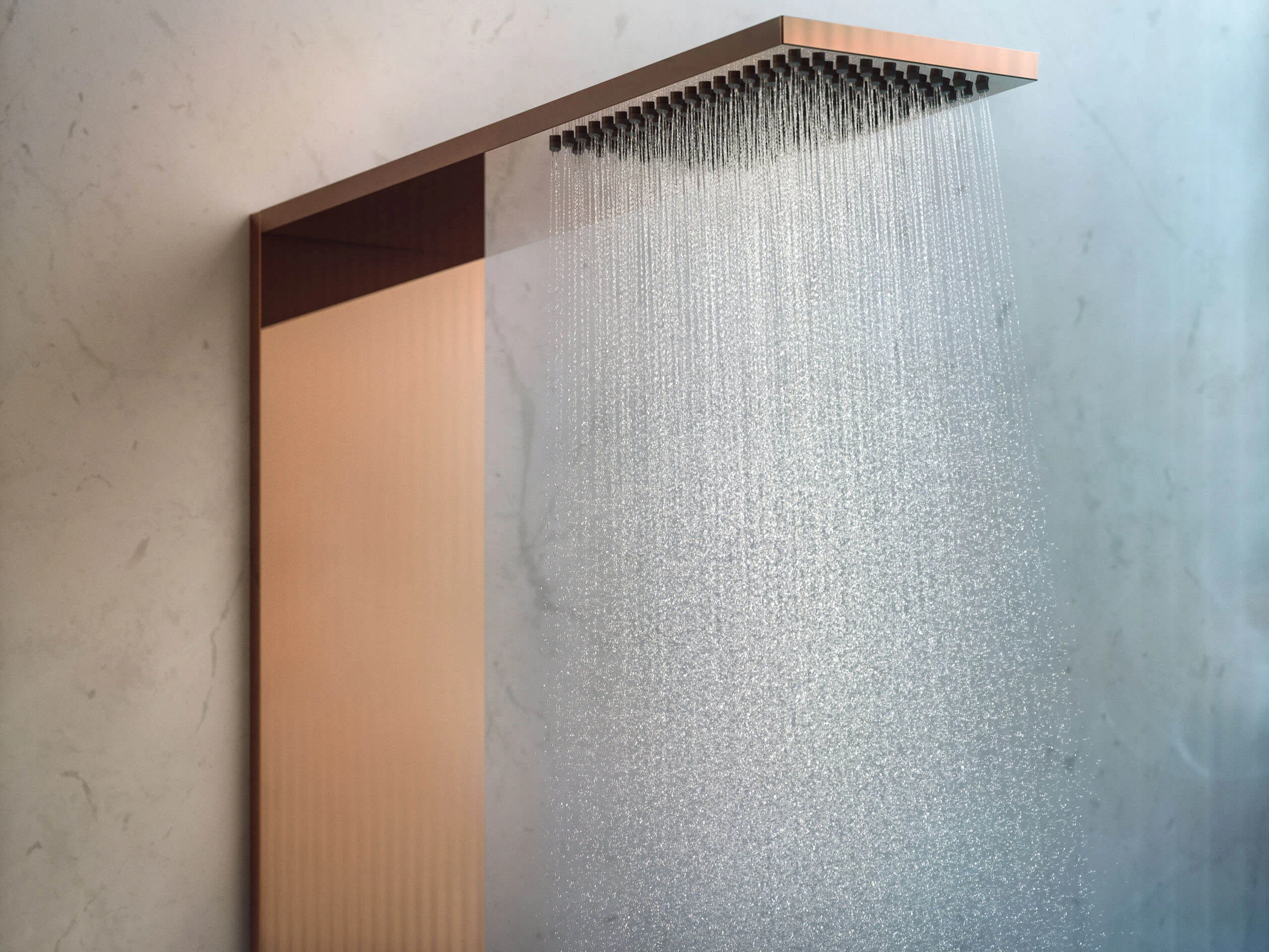 Copper rain shower panel on a marble wall with a falling sheet of water