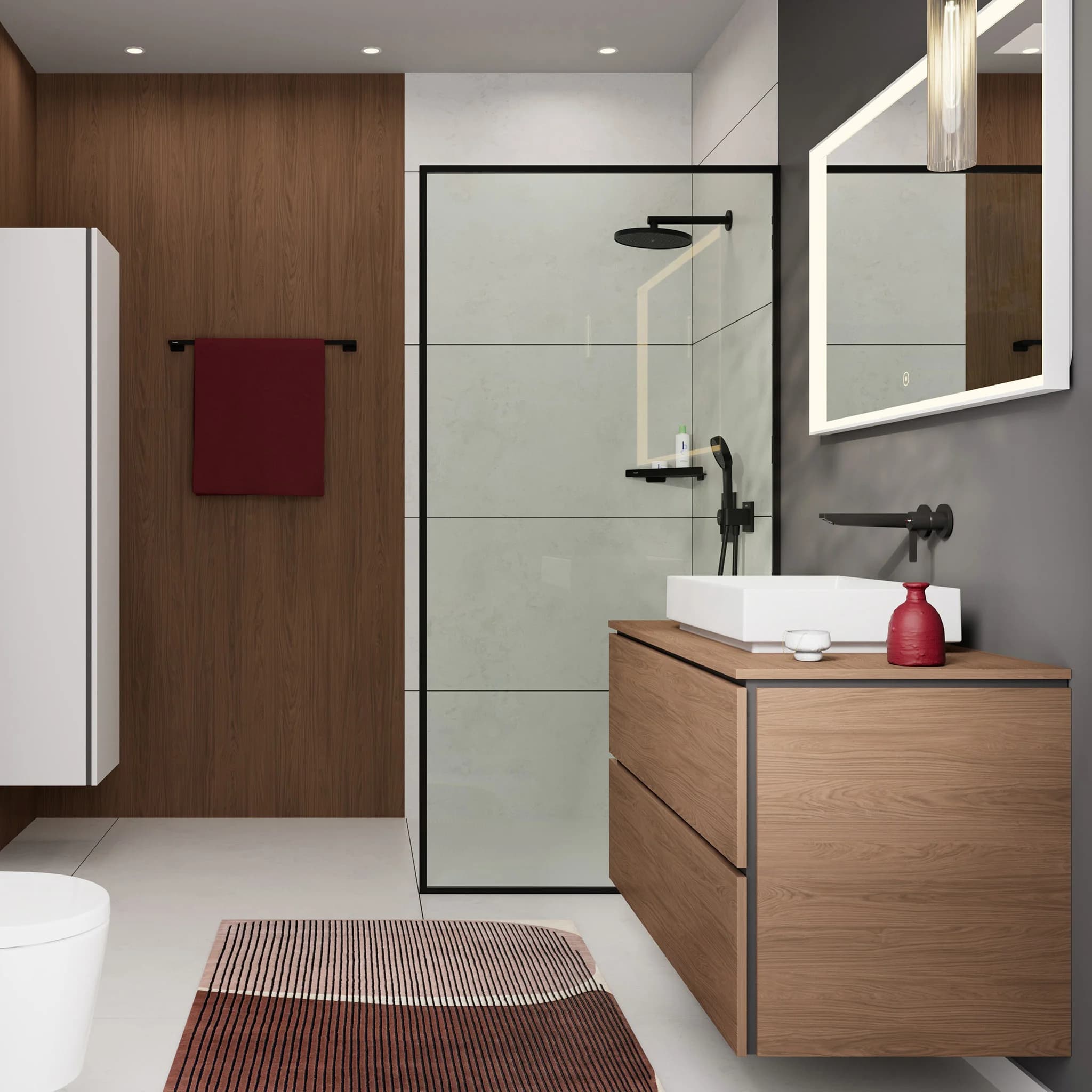 Bathroom in wood and white with a black-framed glass shower screen
