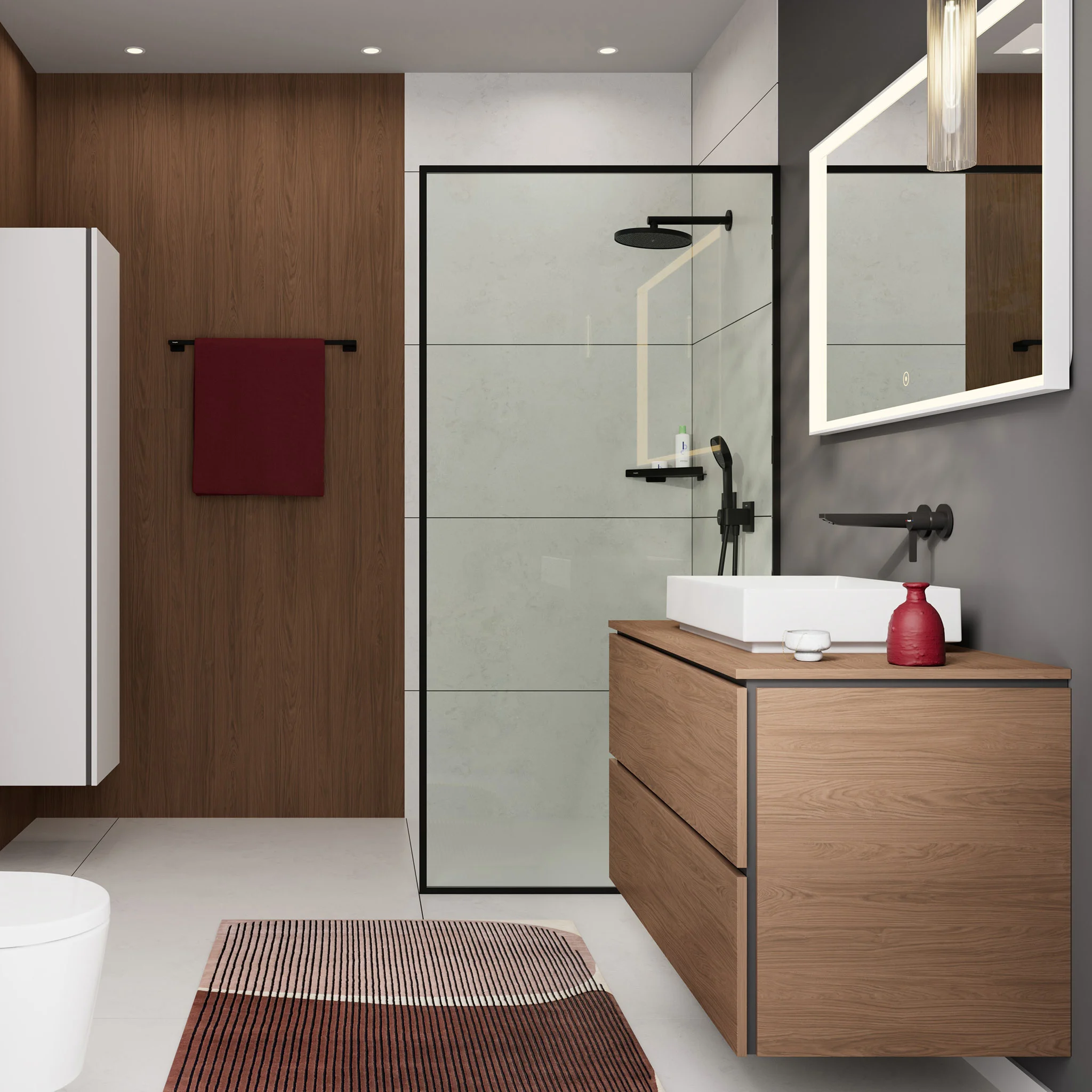 Bathroom in wood and white with a black-framed glass shower screen