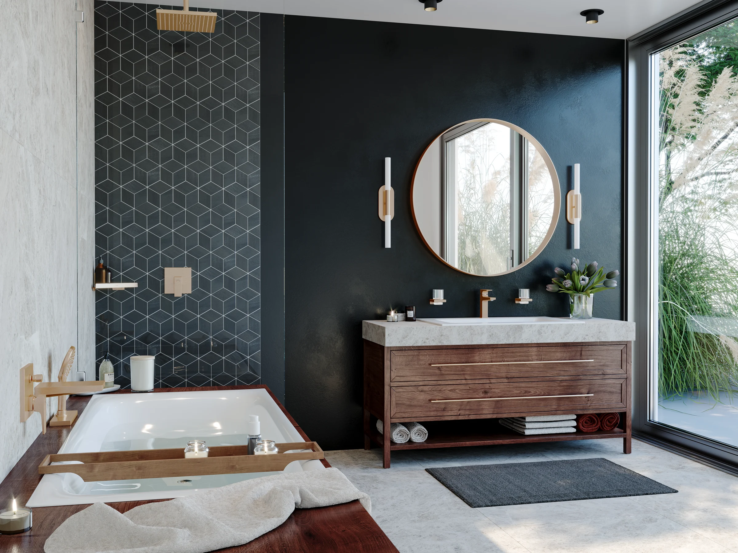 Bathroom with a brass rain shower on dark blue mosaic and a walnut vanity