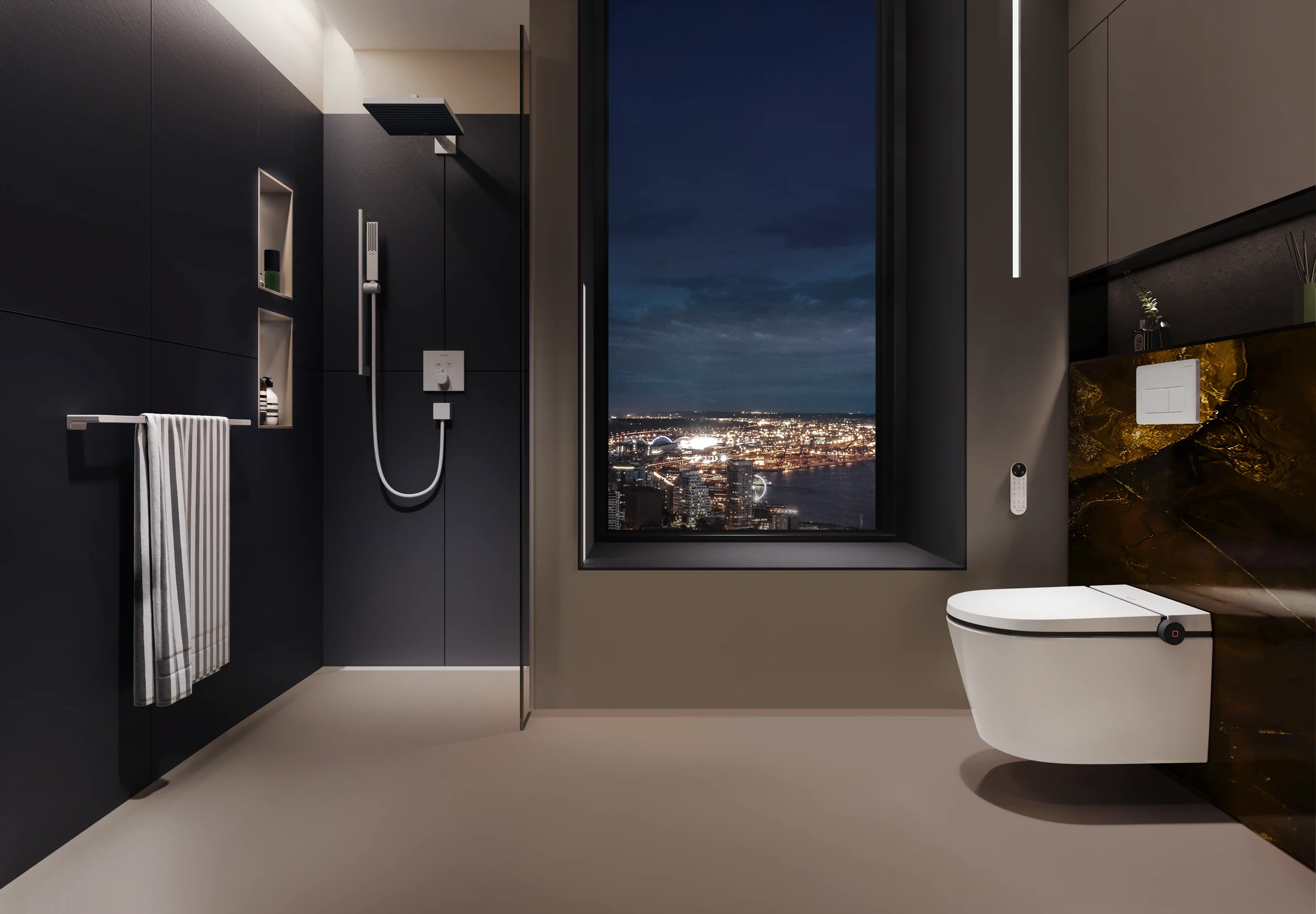 Penthouse bathroom at night with a dark shower zone above the city