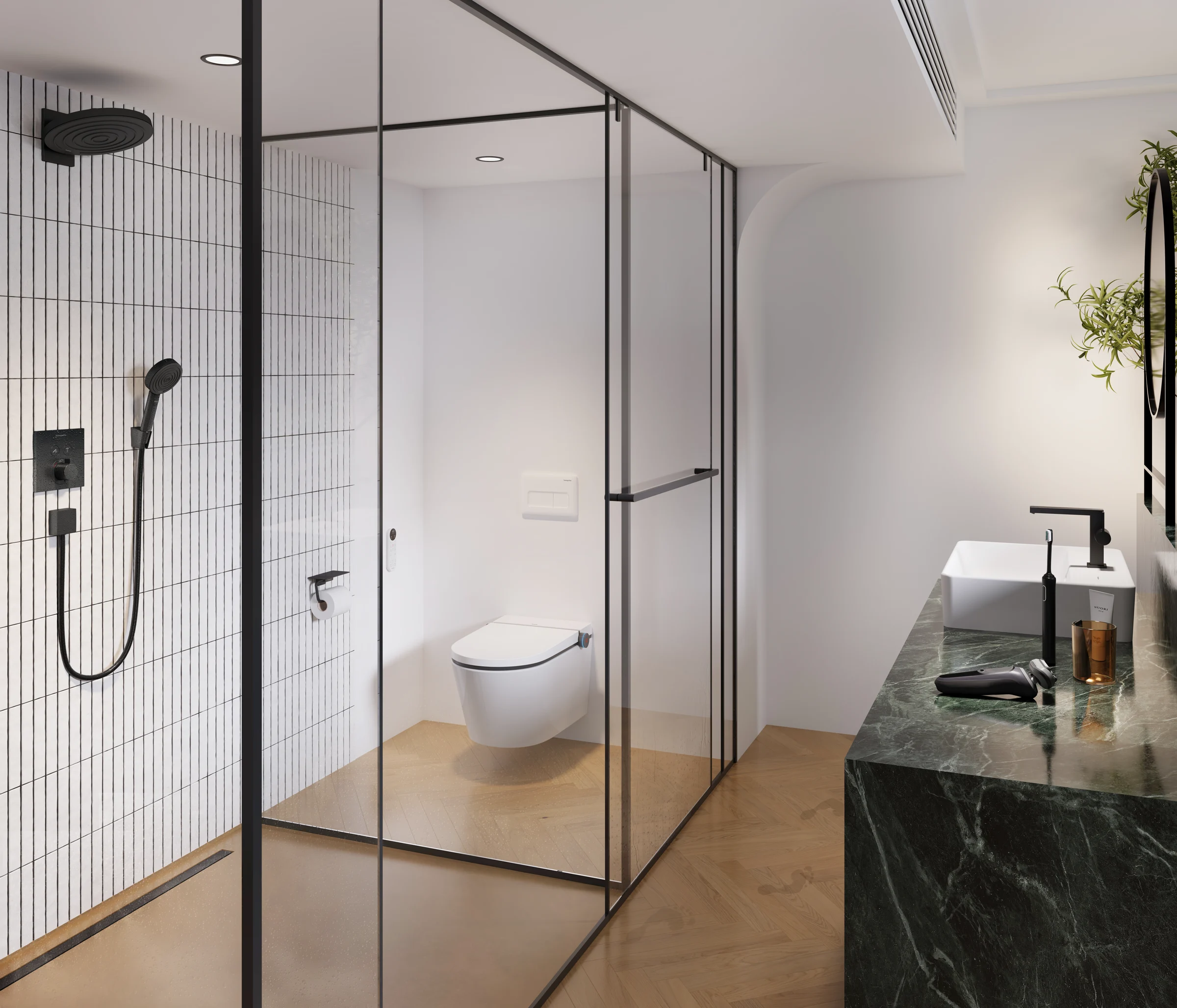 Green marble washstand and a glass shower with black hansgrohe fittings