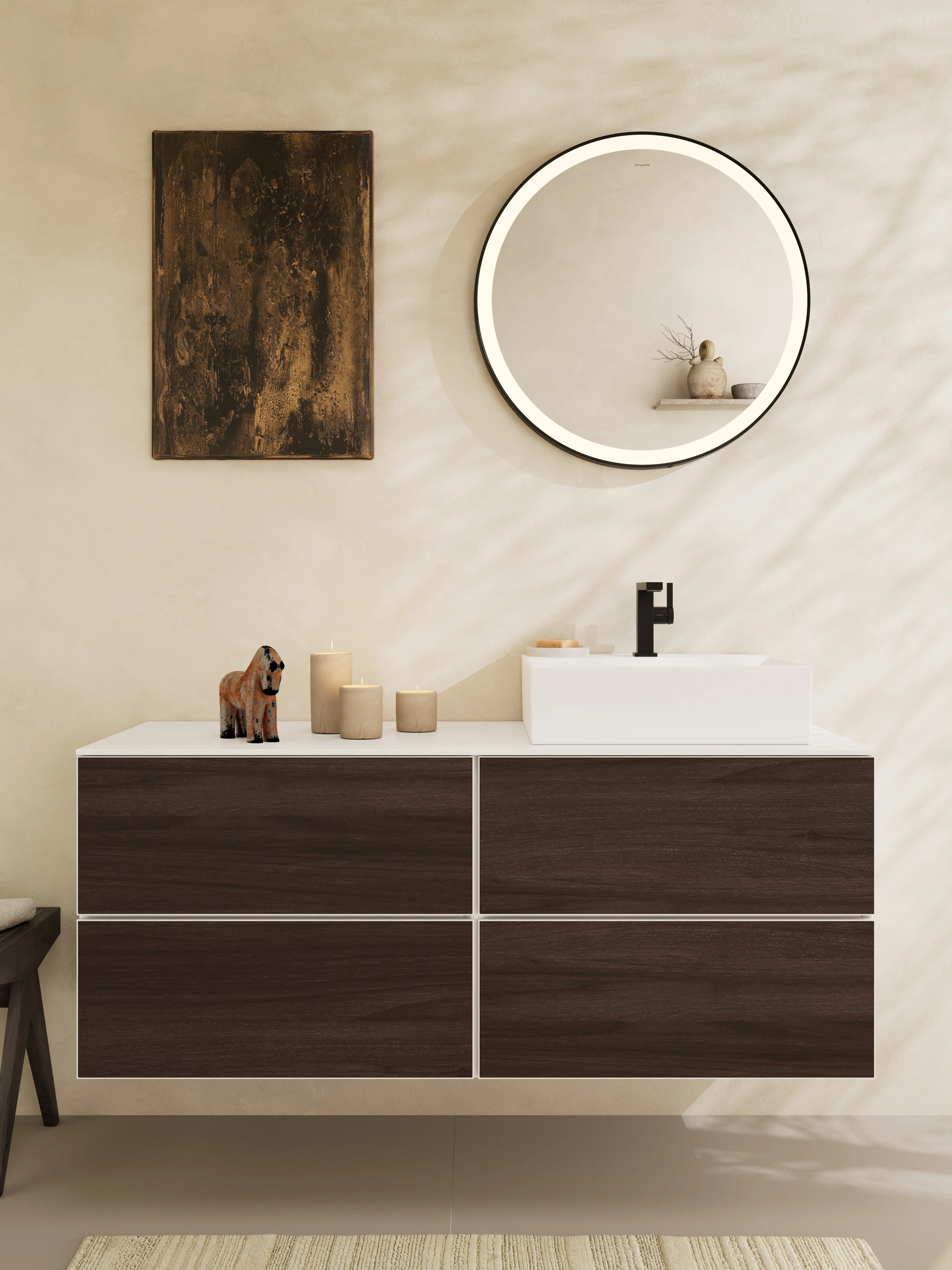 Dark walnut vanity with a white basin and a matt black hansgrohe mixer