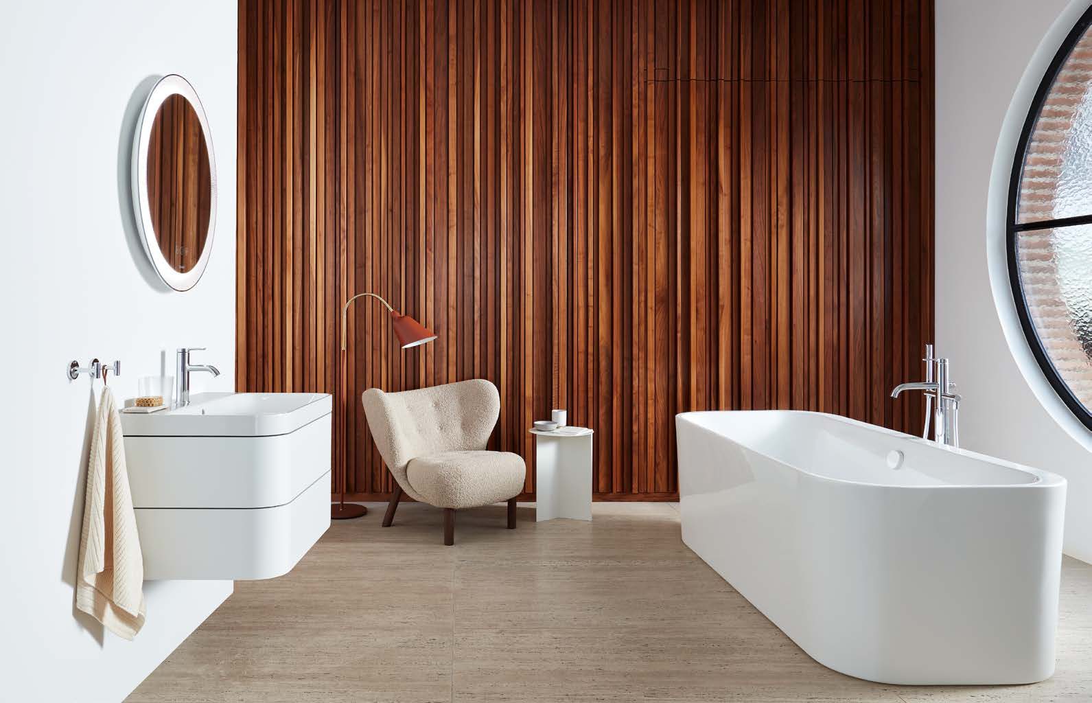 Warm walnut bathroom with matt-black fittings