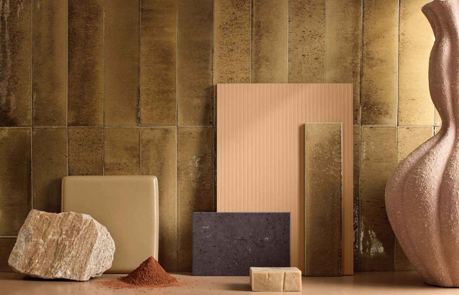 Ceramic, wood and stone material still life