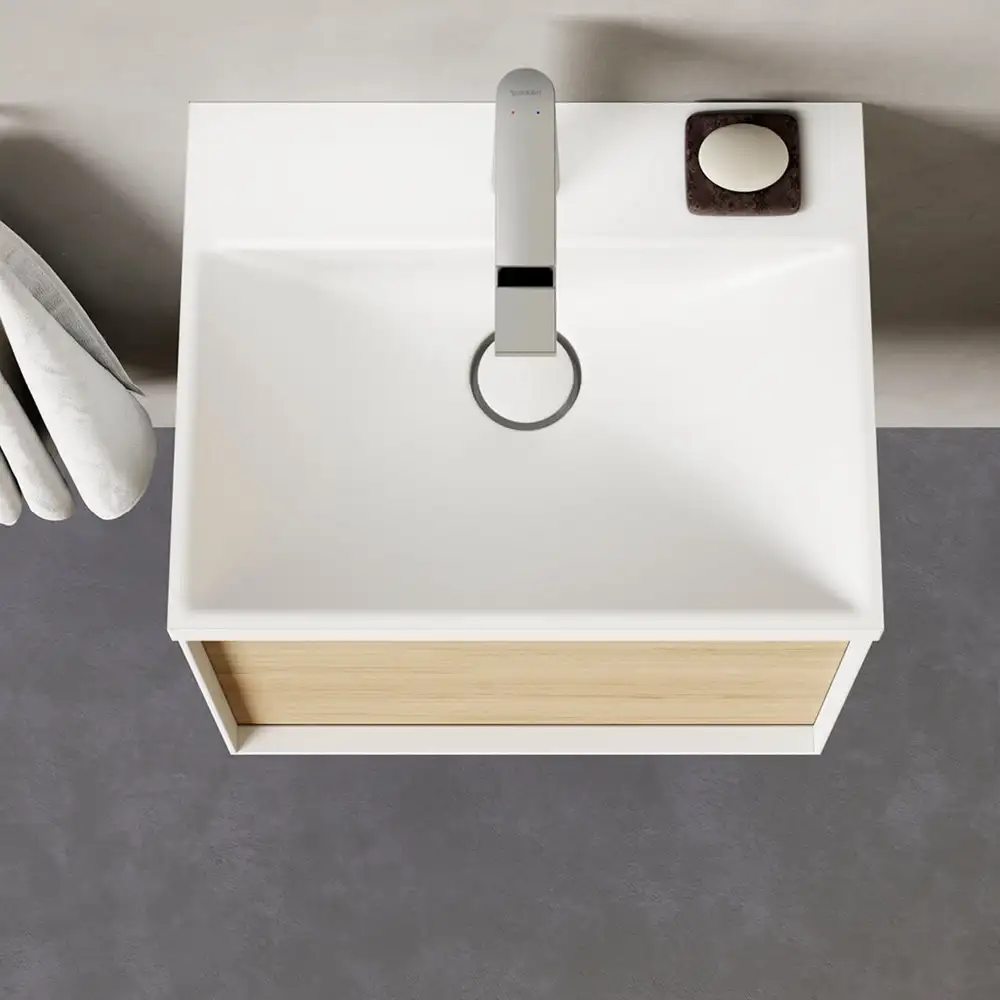 Square white bowl on a timber vanity