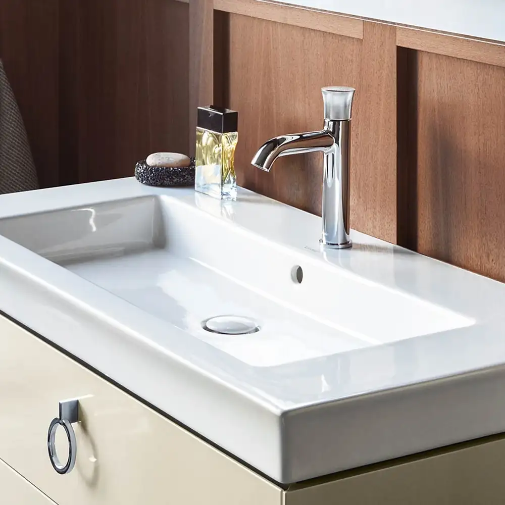 White washbasin on a light vanity