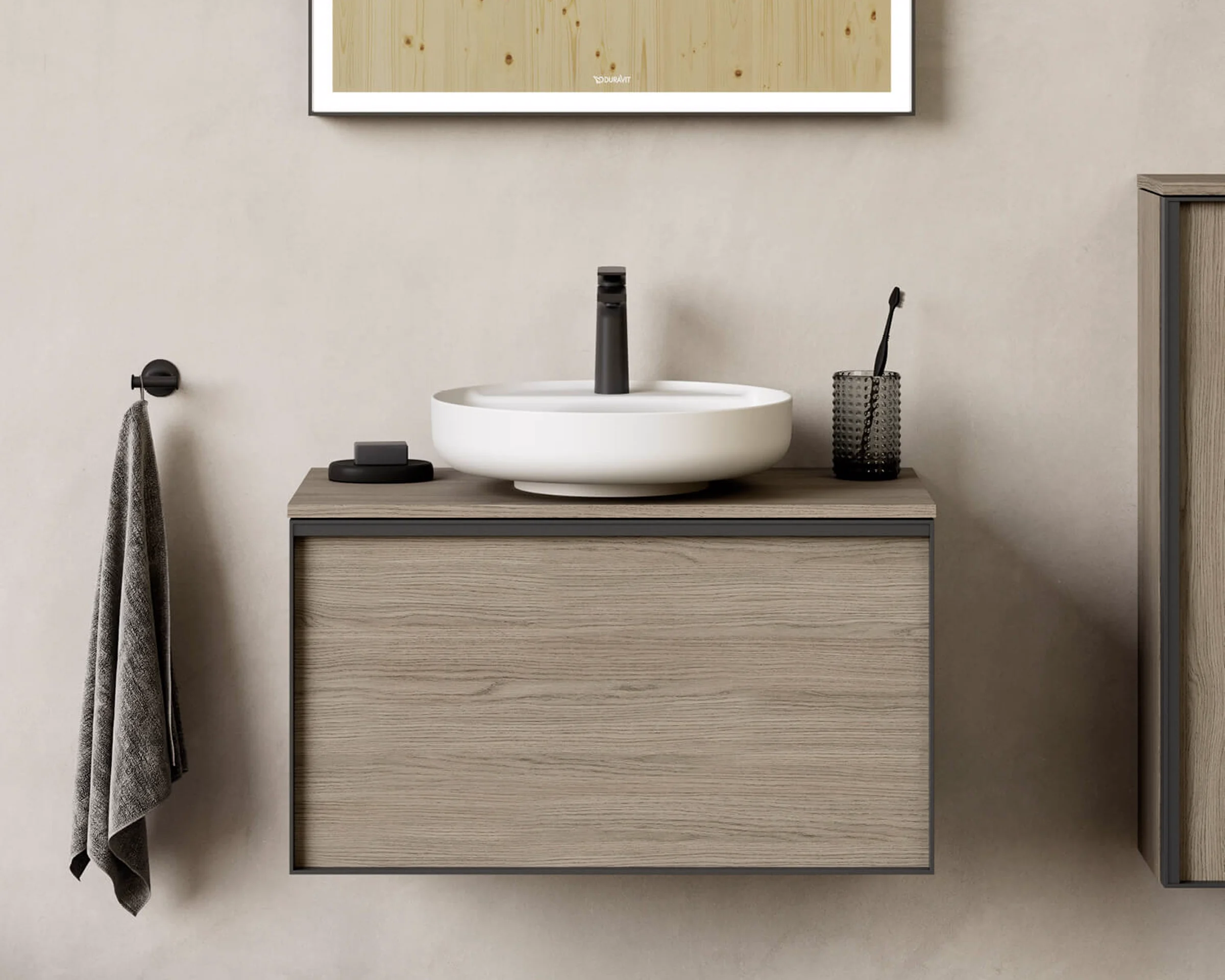 Vitrium walnut vanity with a round basin and a black faucet