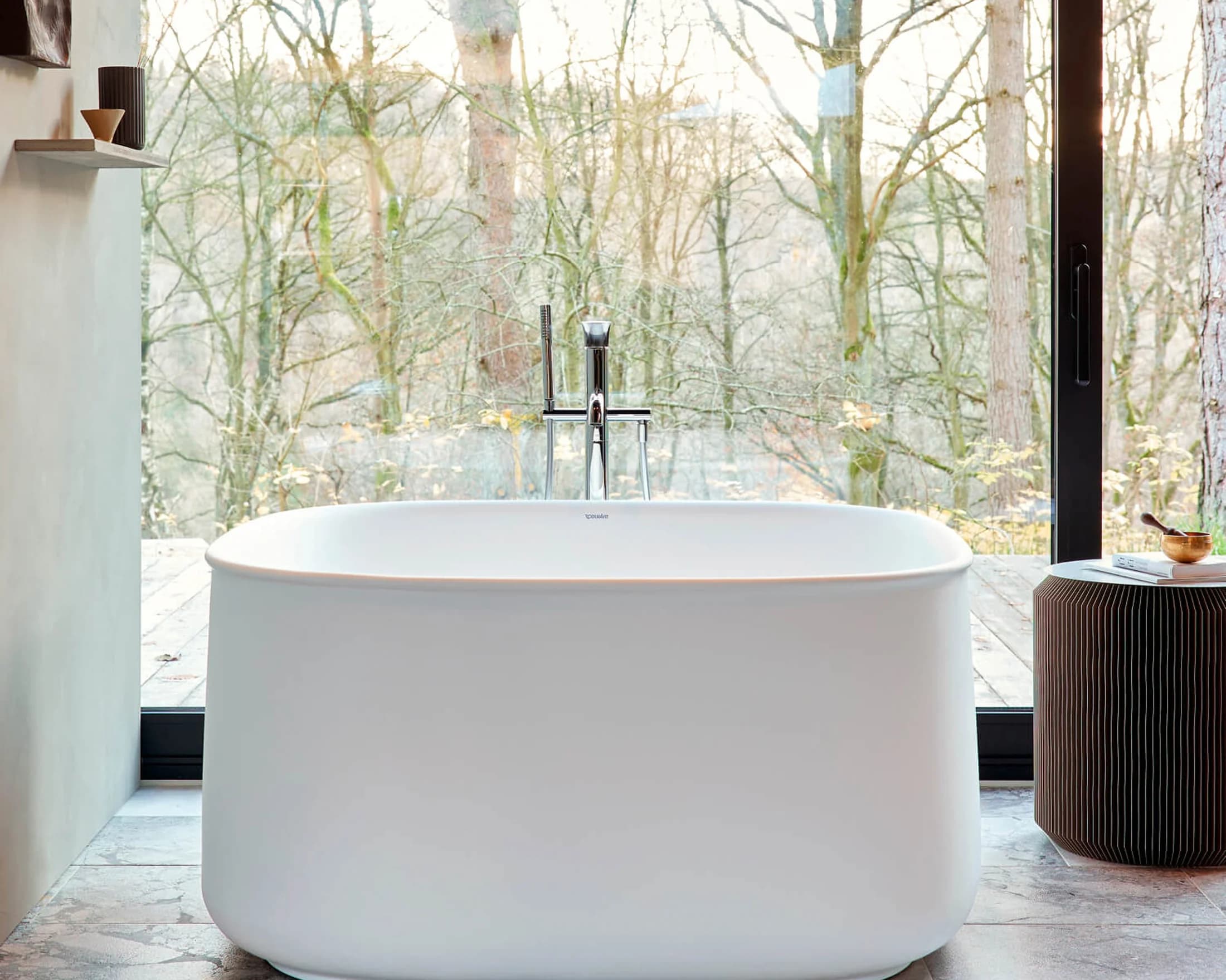 Zencha bathroom in warm wood with soft bowls