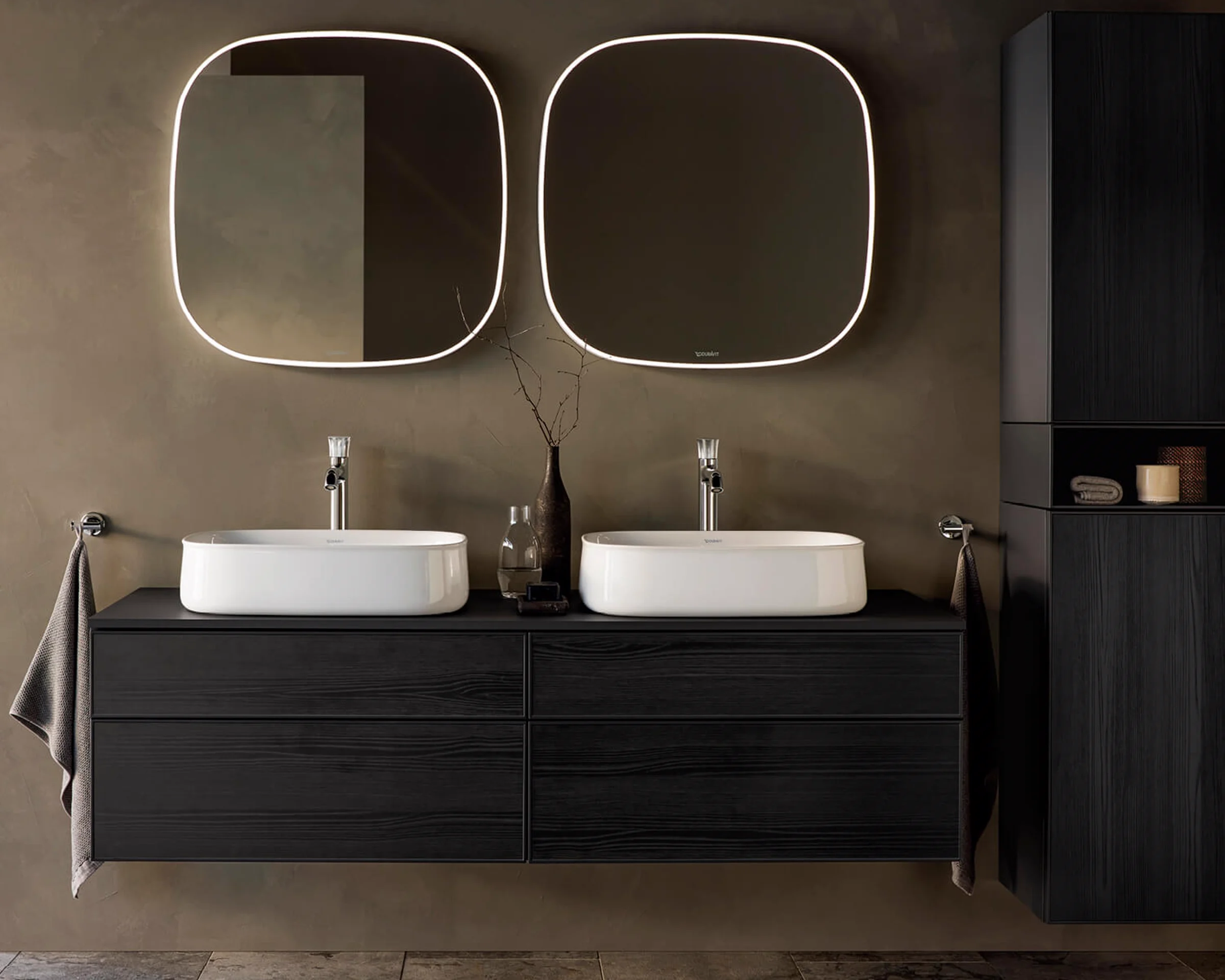 Zencha double washplace in dark walnut with backlit mirrors
