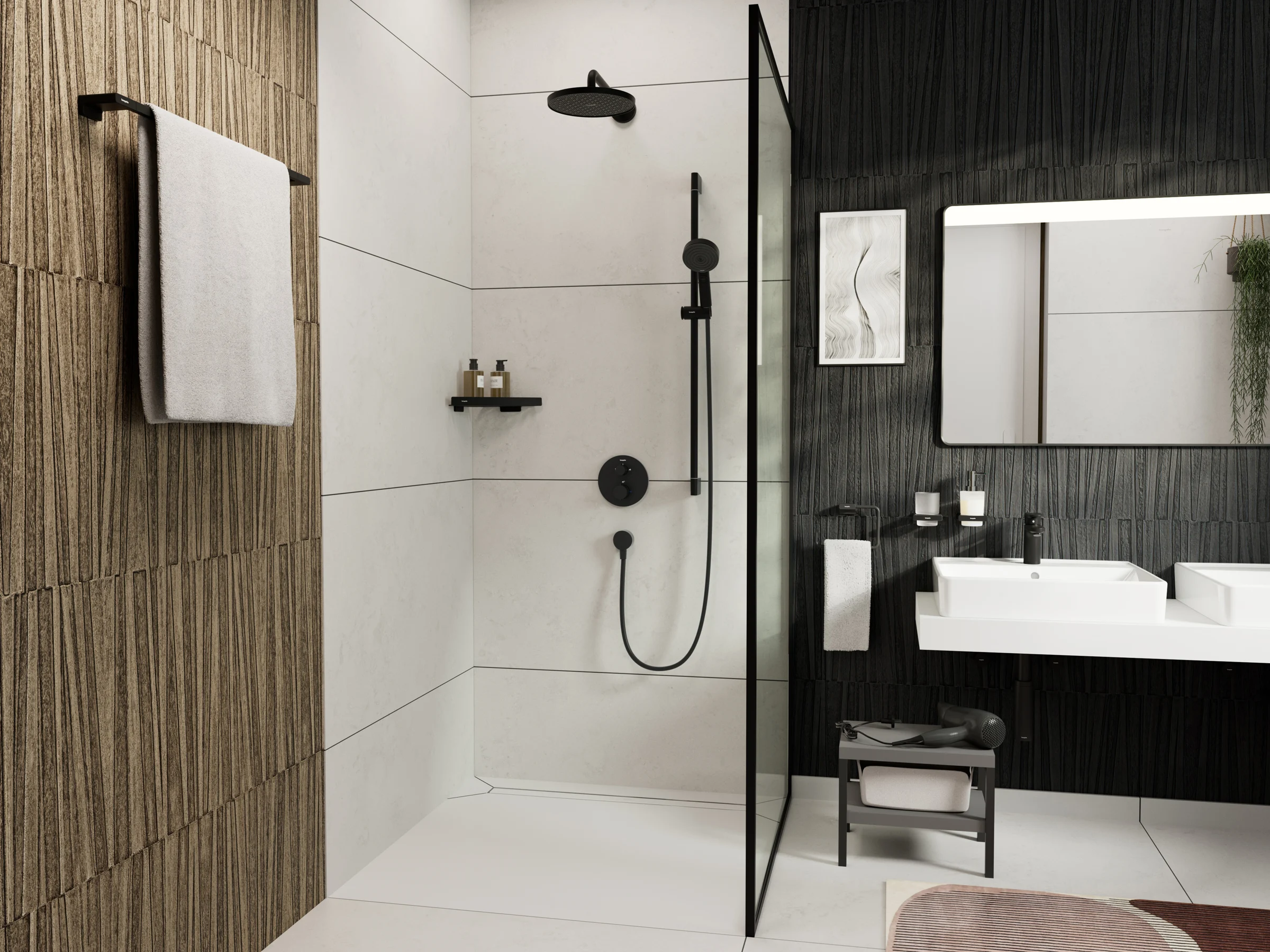 Matt black hansgrohe shower system on a light wall