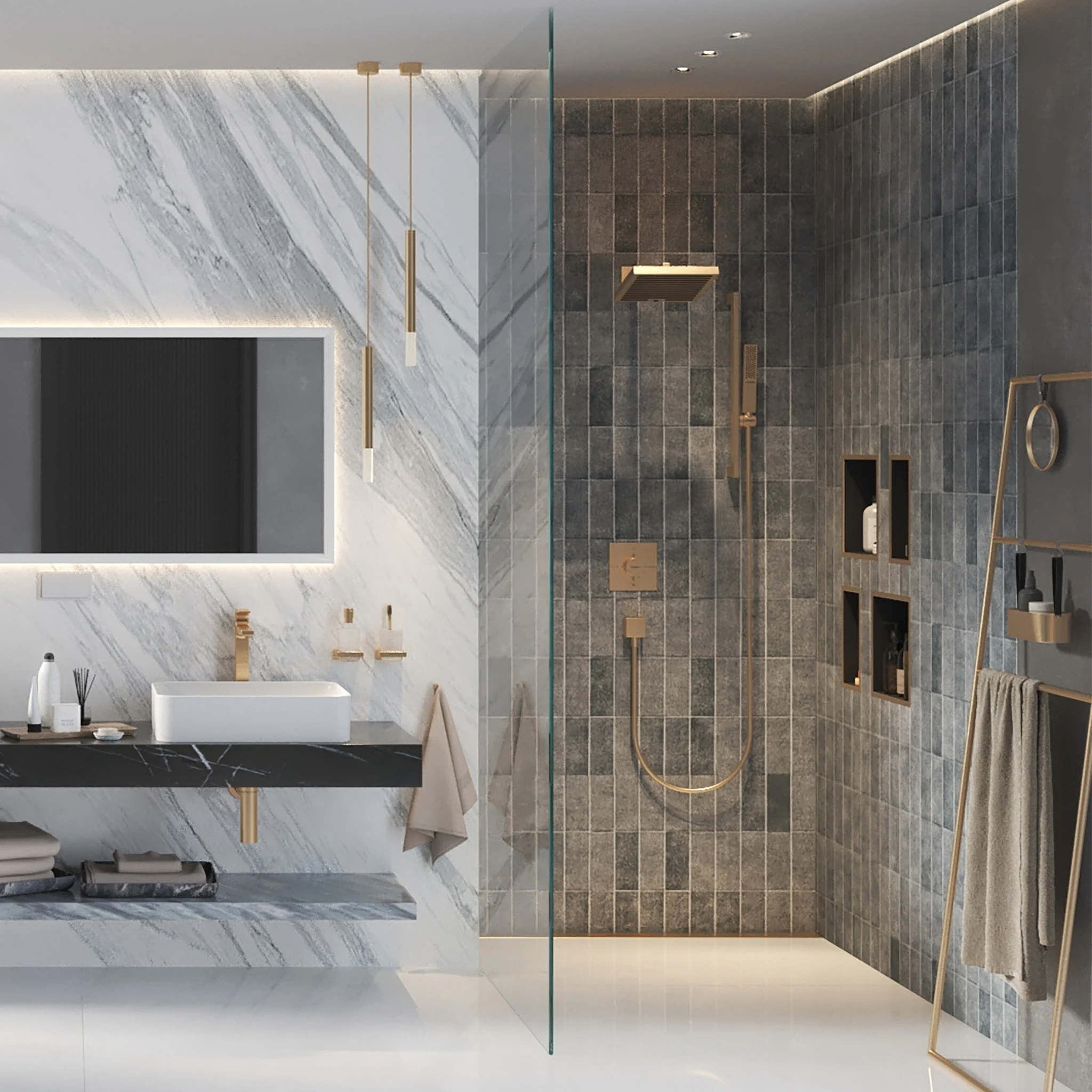 Large-format marble wall panels with grey stone tiles and brass accents