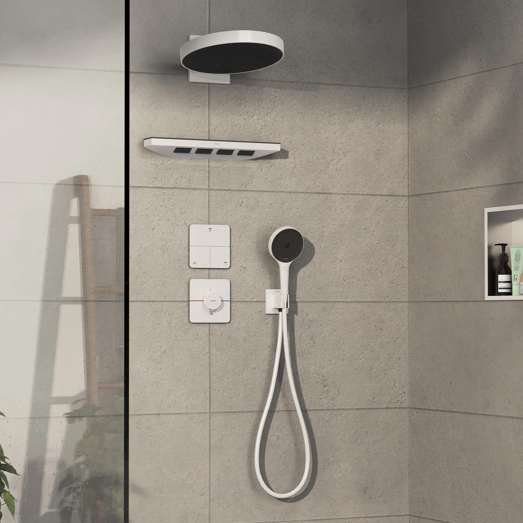 Bright walk-in shower with a white overhead shower set