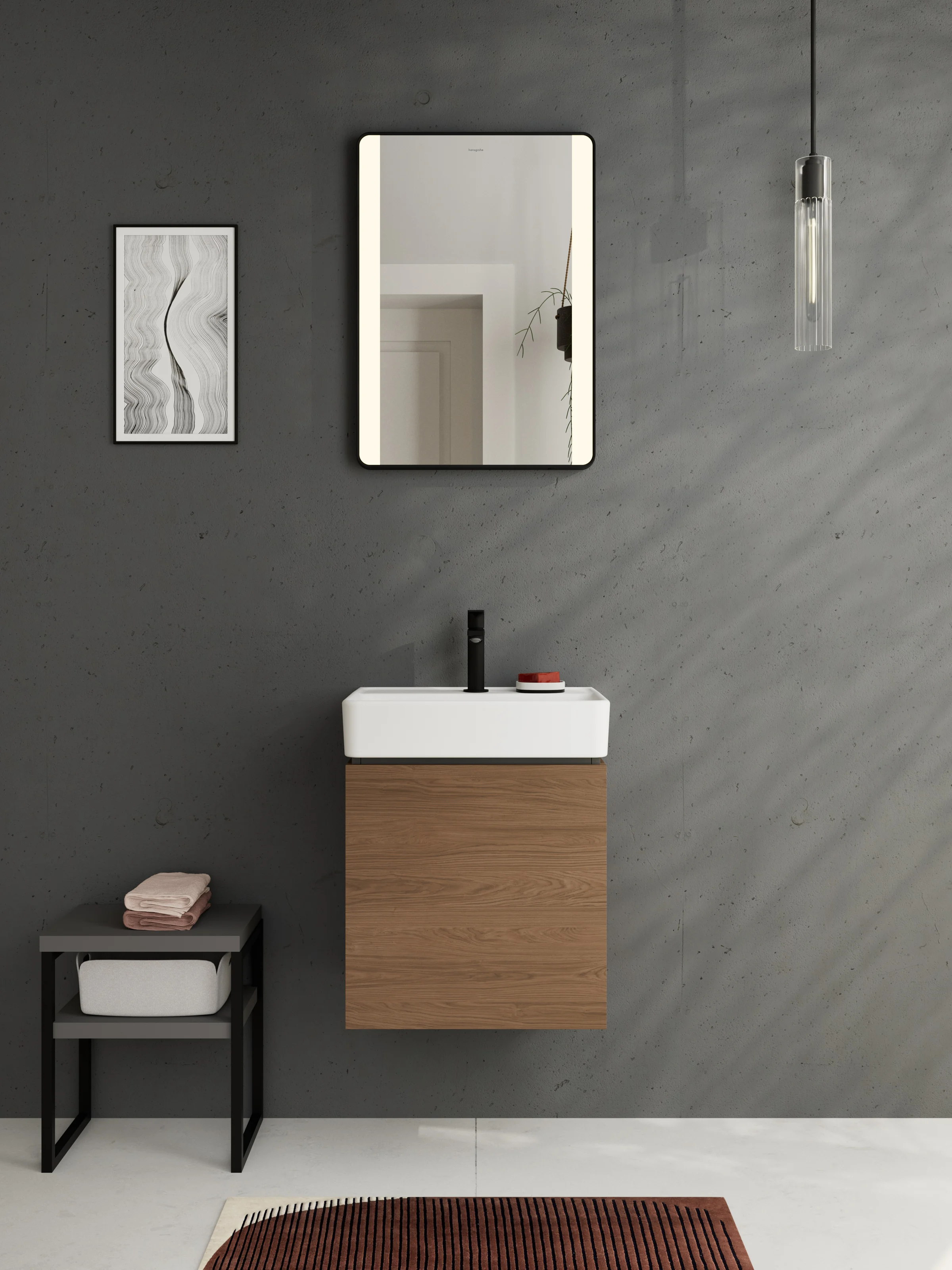 Washstand with a walnut console and a matt black hansgrohe mixer